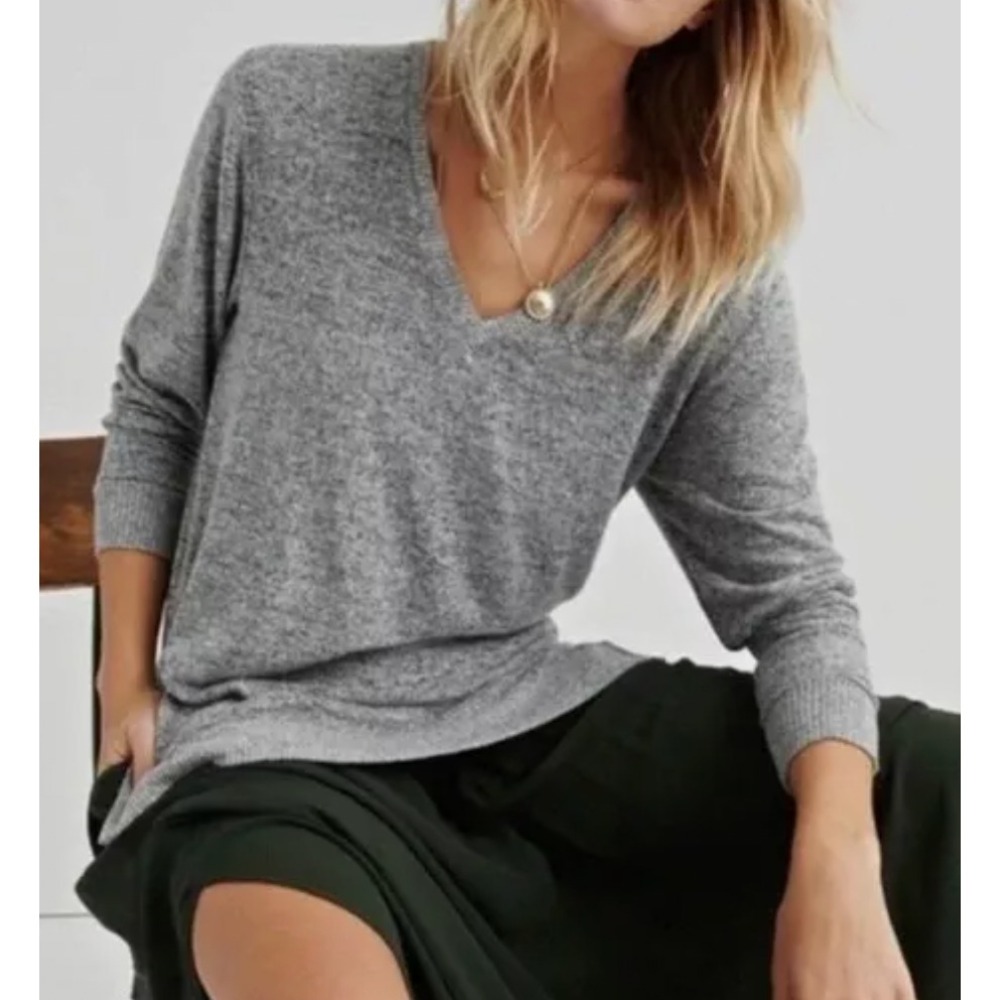 Lucky Brand Women's Soft Cloud Knit Sweater Tunic L Heather Gray V-Neck Oversize